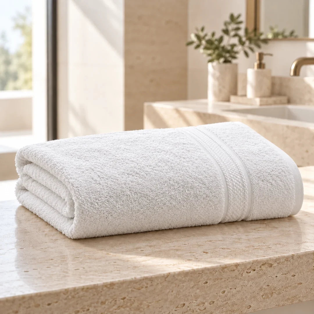 Drap de bain hôtel blanc en coton 500 g/m² plié dans une salle de bain moderne Image