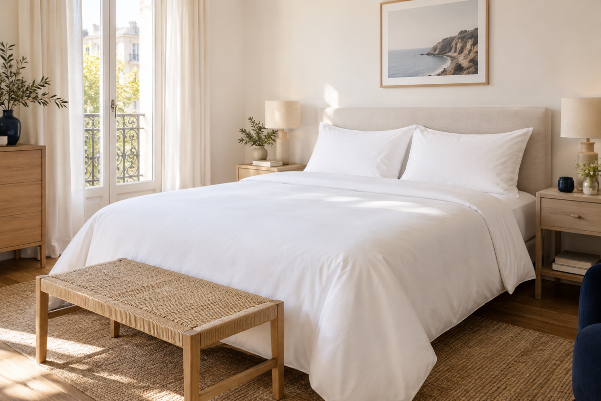 Chambre lumineuse avec un lit habillé de linge blanc