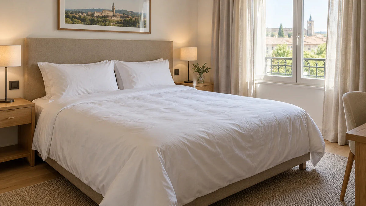 Lit préparé avec du linge blanc dans une chambre d’hôtel lumineuse Image