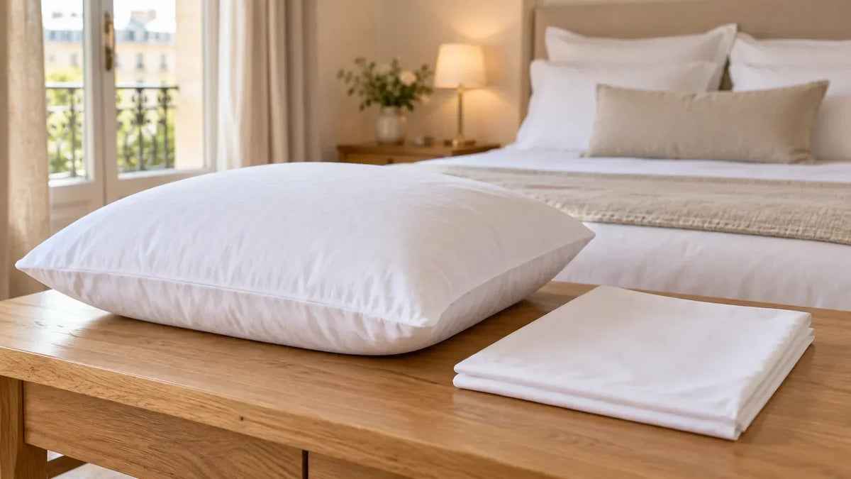 Oreiller blanc et sous-taie pliée sur une table dans une chambre Image