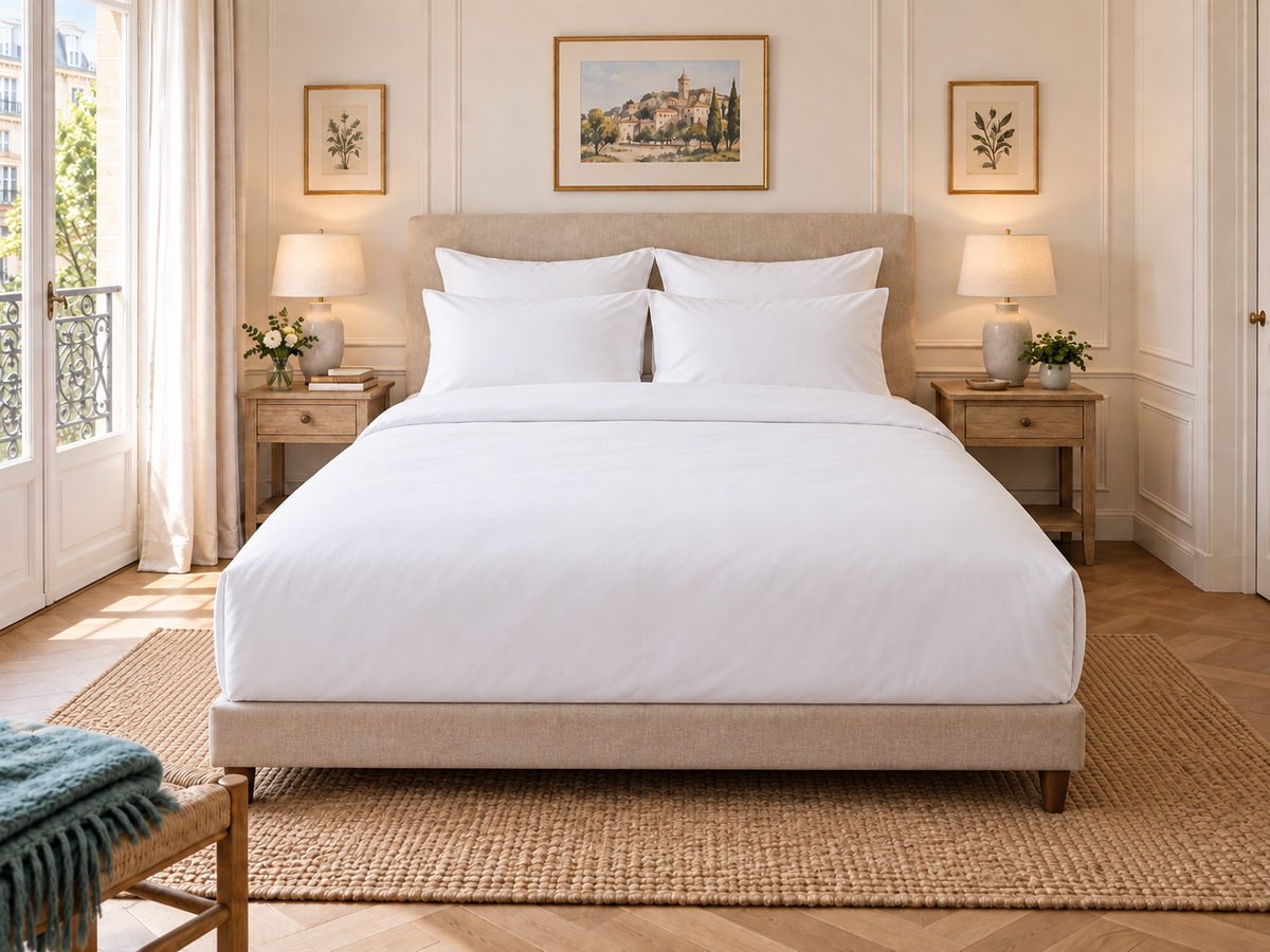 Lit d’hôtel équipé d’une housse de couette blanche soigneusement bordée Image