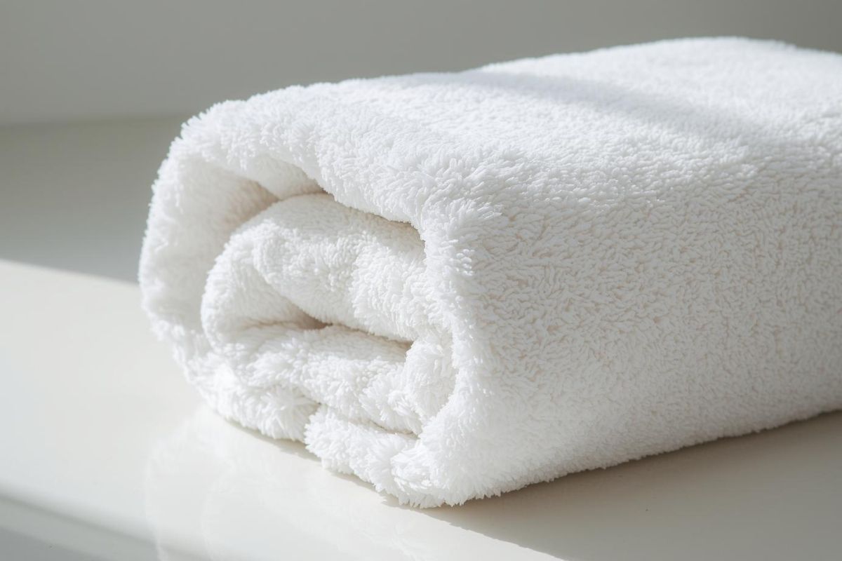 Serviette de bain blanche pliée montrant une texture douce et absorbante