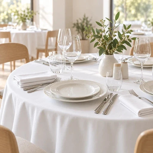 Table de restaurant contemporaine dressée avec une nappe et des serviettes blanches dans une salle lumineuse. Image