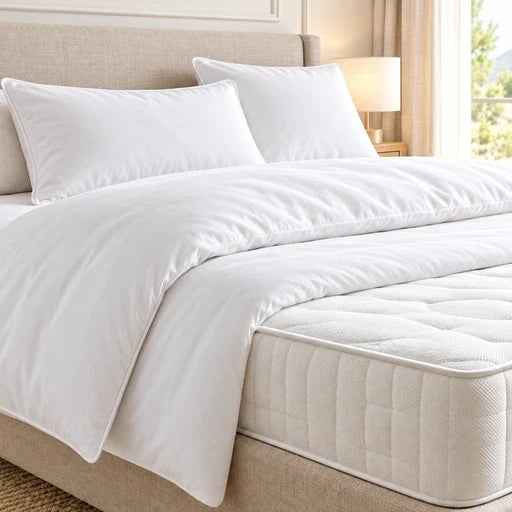 Collection de literie professionnelle avec couette et oreillers blancs sur un lit d’hôtel Image