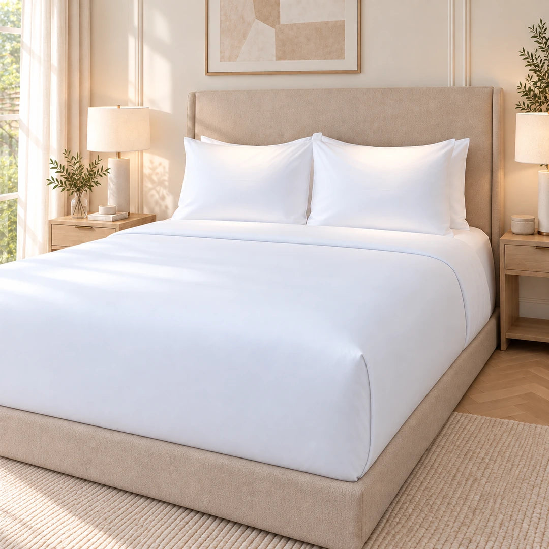 Housse de couette Prestige 300 TC blanche, vue de côté dans une chambre lumineuse