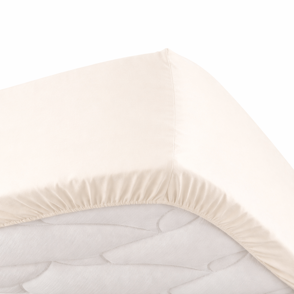 Drap housse percale Crème vue de dessous élastique sur les rebords du matelas - Ecolinge