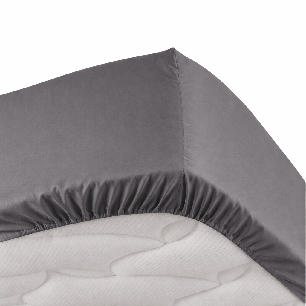 Drap housse percale Gris vue de dessous élastique sur les rebord du matelas - Ecolinge
