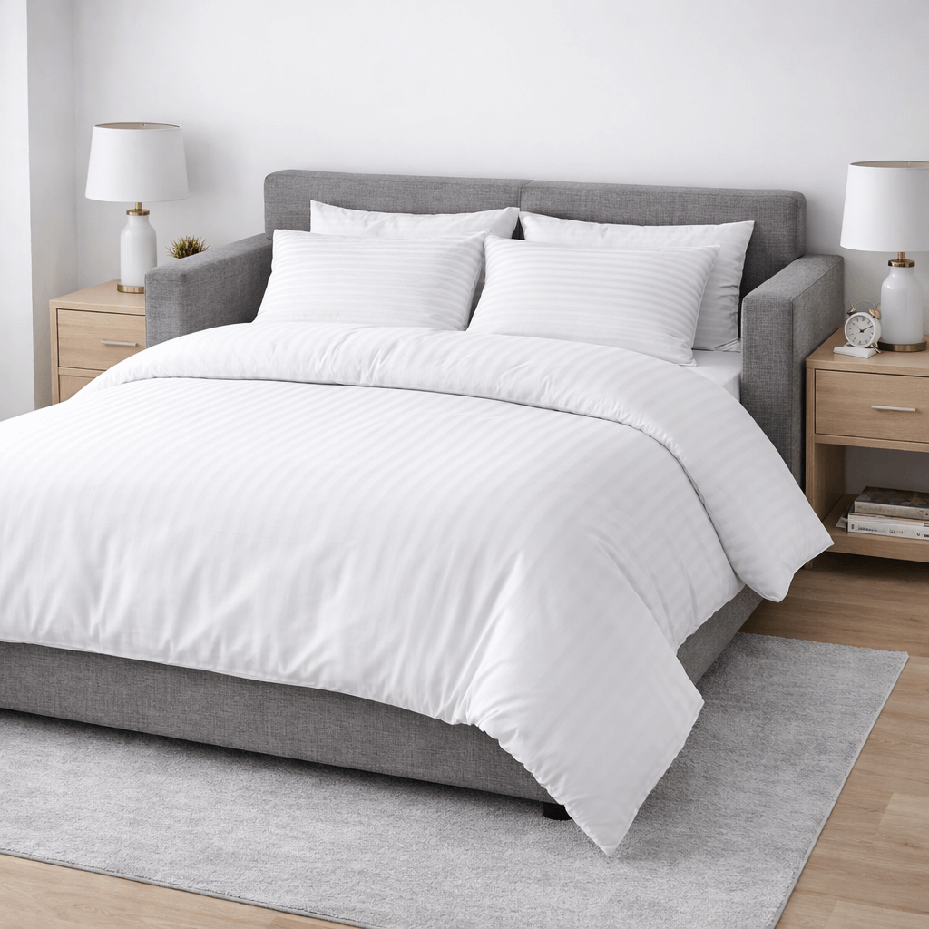 Housse de couette Bande satinée sur un lit canapé linge seconde main hotel - Ecolinge