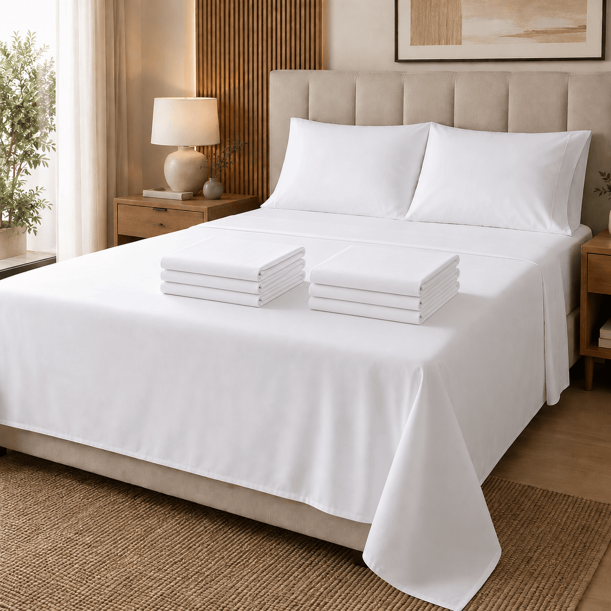 Lot de six draps blancs pliés en deux piles sur un lit.