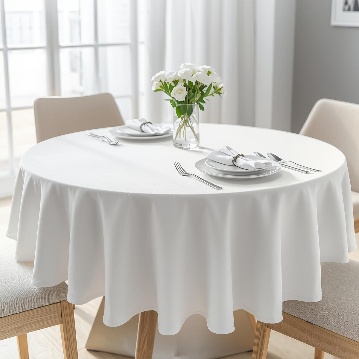 Nappe ronde blanche polyester, table dressée avec fleurs