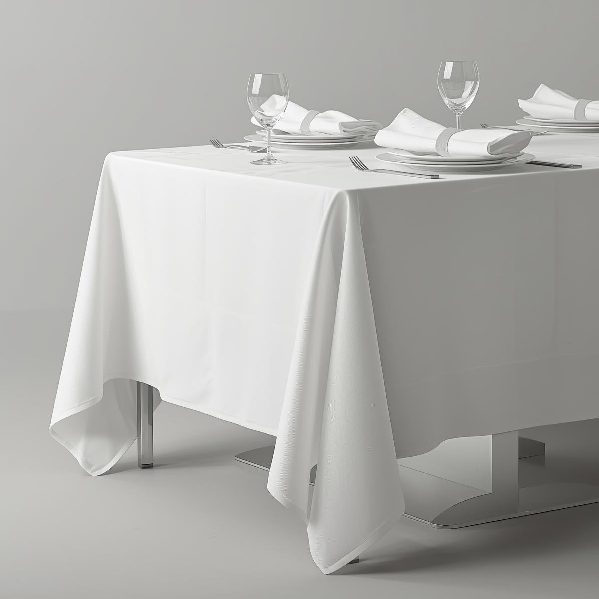 Nappe blanche rectangulaire Ecolinge 100% polyester, antitache et infroissable, idéale pour repas, hôtels et réceptions.