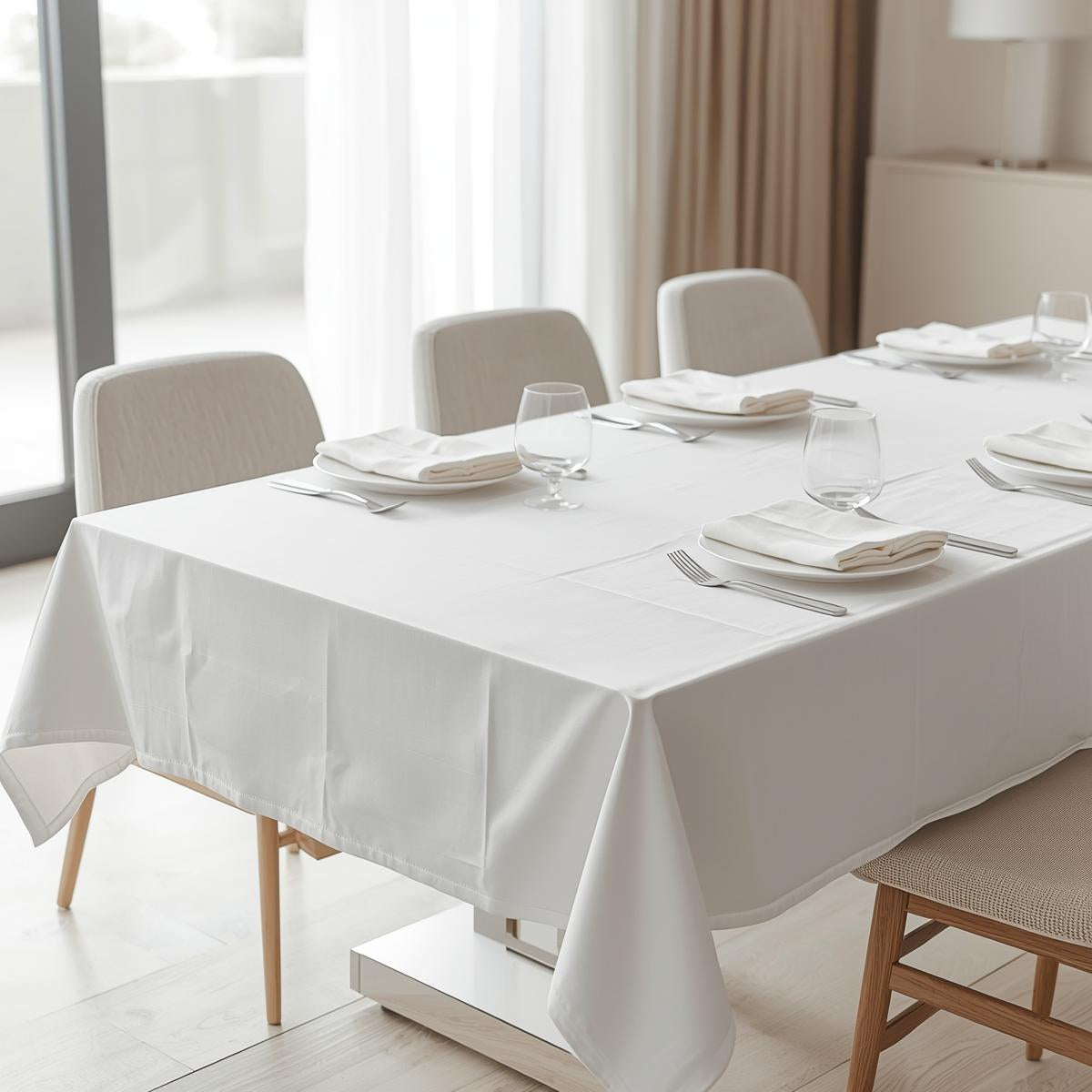 Nappe blanche rectangulaire antitache Ecolinge en polyester infroissable, dressée sur une table moderne avec assiettes et couverts, tombé élégant.