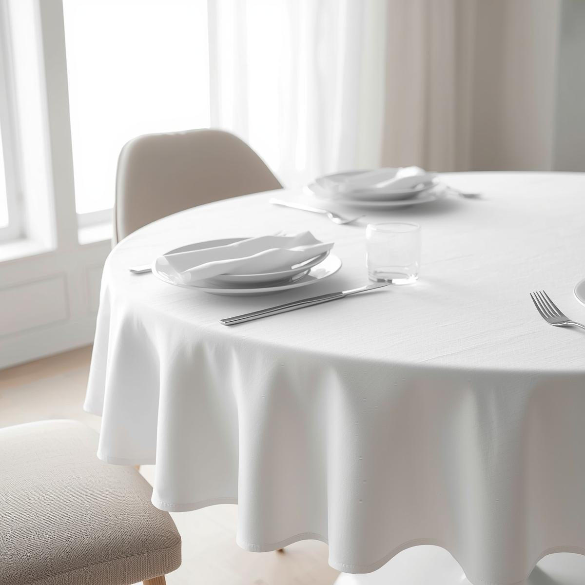 Nappe ronde blanche antitache sur table dressée