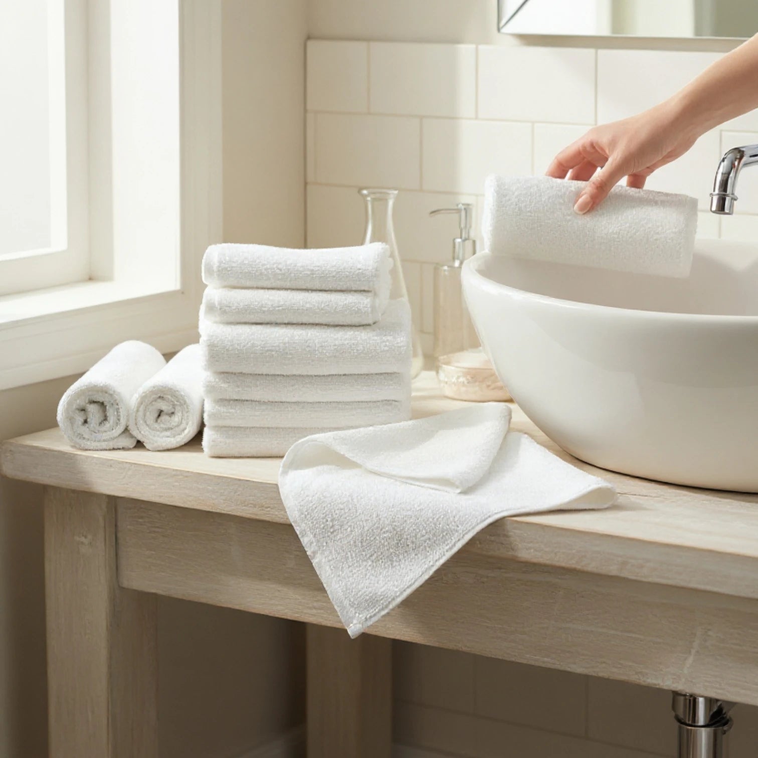 Mise en scène de serviettes pour invités dans une salle de bain