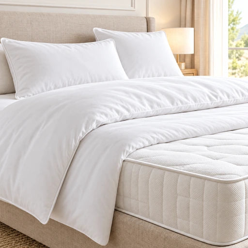 Collection de literie professionnelle avec couette et oreillers blancs sur un lit d’hôtel