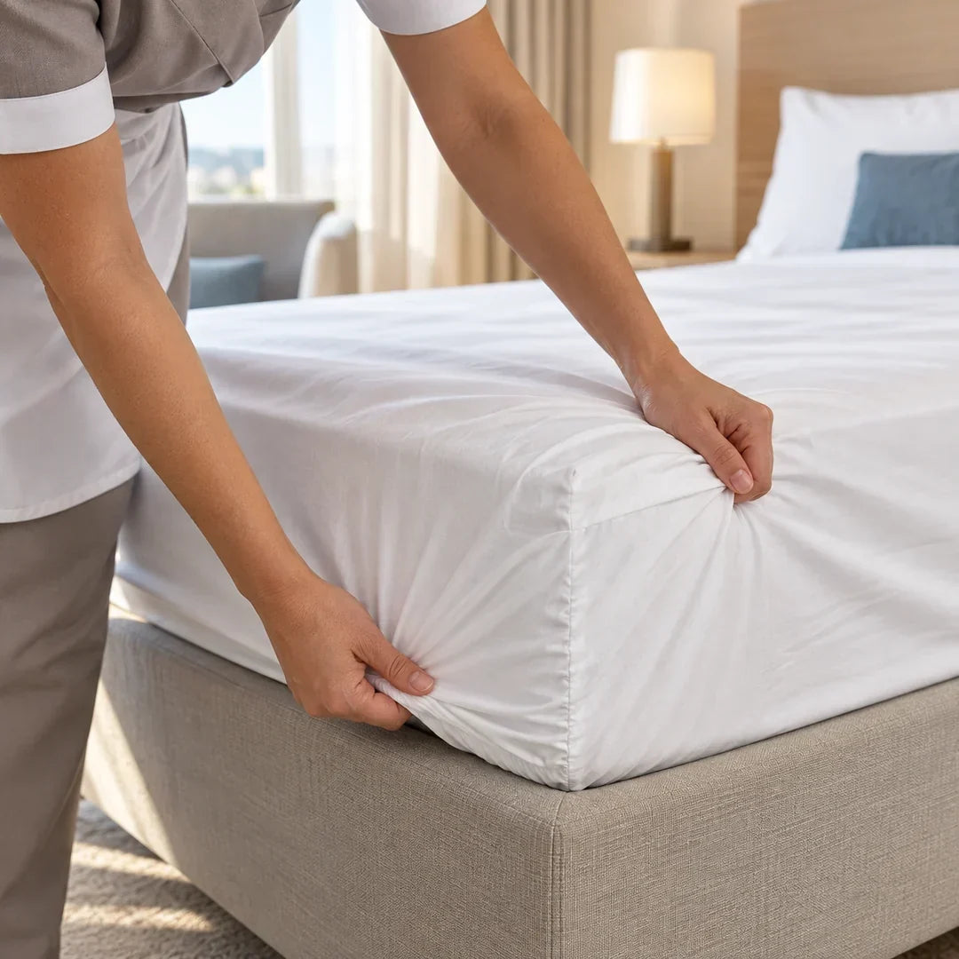 Mise en place du drap-housse hôtel blanc avec bonnet de 30 cm