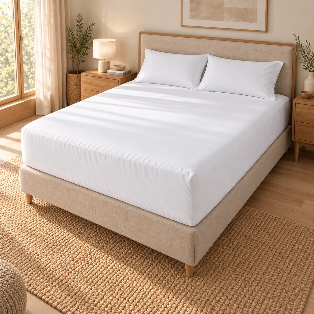 Drap-housse hôtel blanc 200 TC sur lit double avec matelas épais