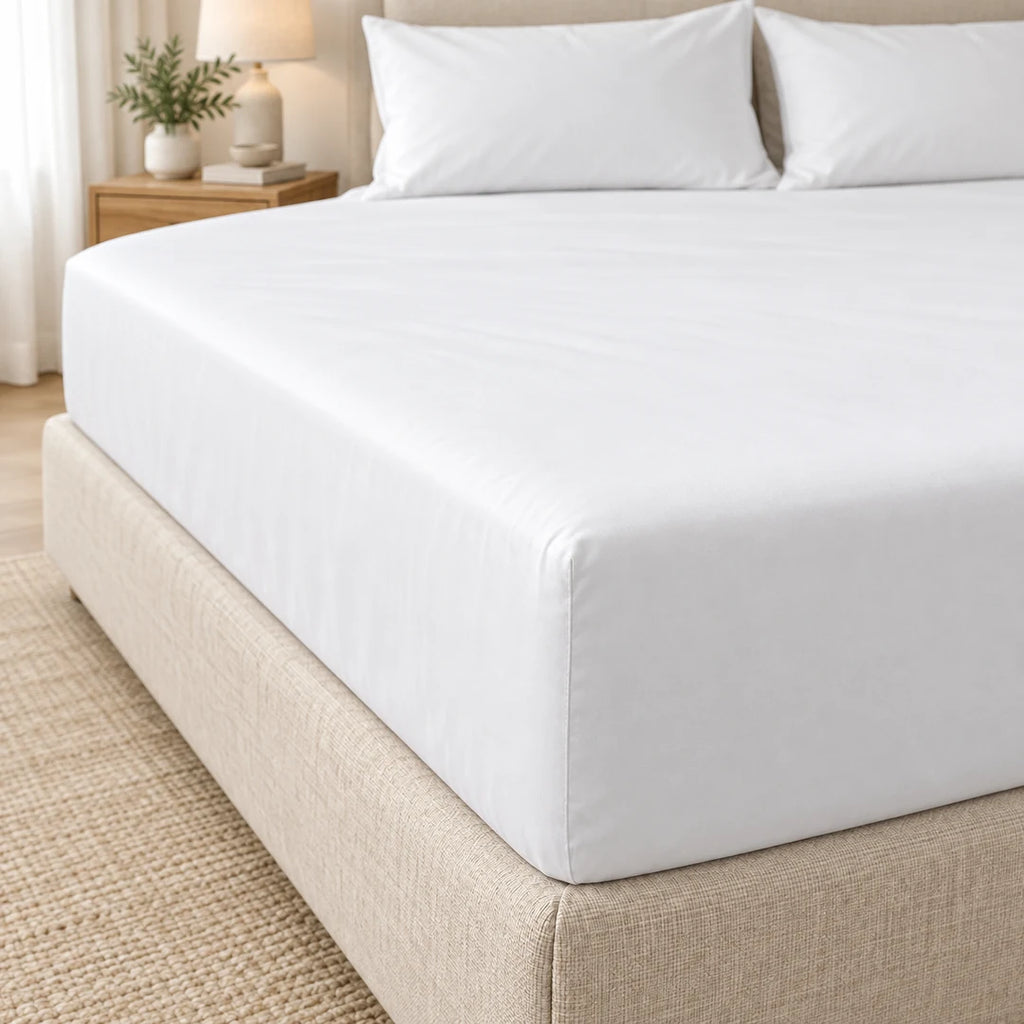 Drap-housse hôtel blanc en percale de coton 200 TC sur lit double