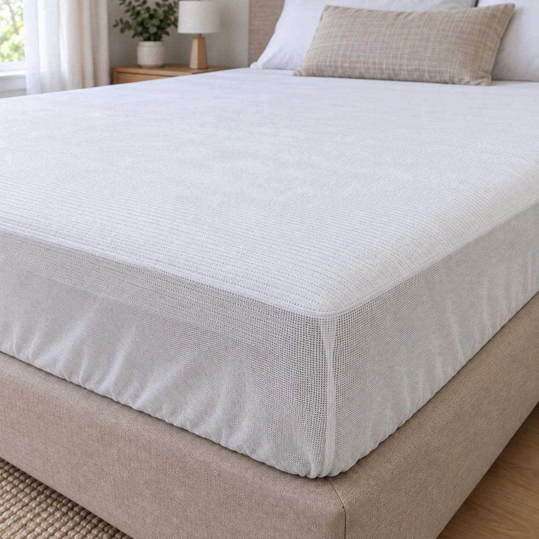 Alèse protège-matelas imperméable installée, vue rapprochée