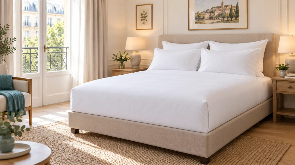 Housse de couette hôtel blanche Essentiel 180 TC installée sur un lit