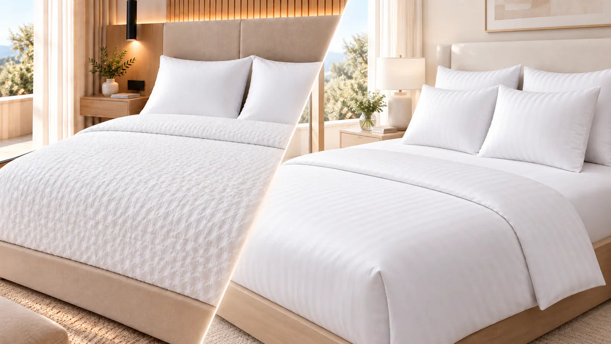Comparaison des gammes Confort satinée et Zen sans repassage sur deux lits d’hôtel lumineux