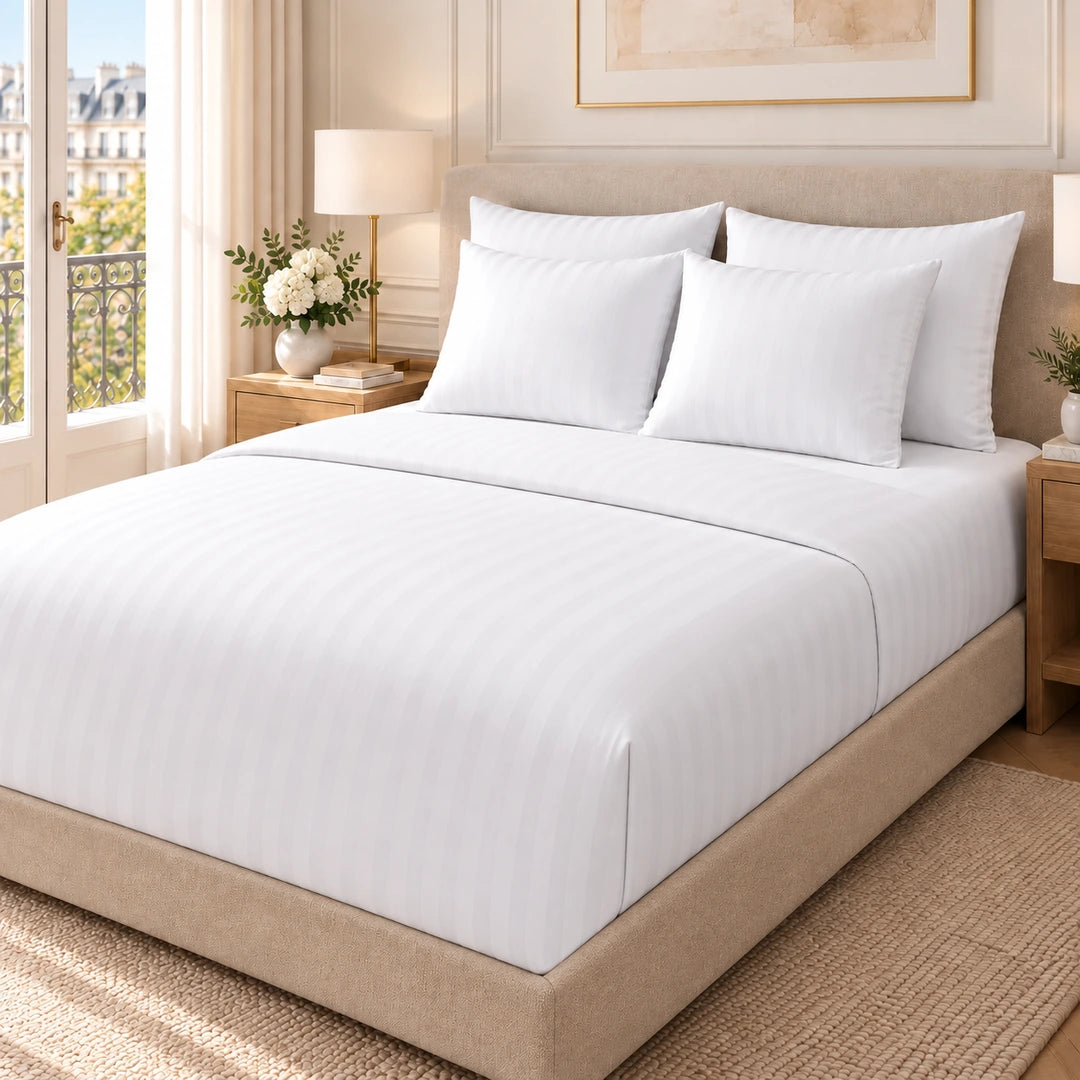 Housse de couette Confort Hôtel 200 TC à bandes satinées, vue en angle