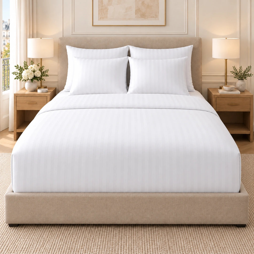 Housse de couette Confort Hôtel 200 TC blanche sur un lit bien bordé, vue de face
