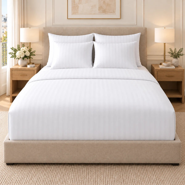 Housse de couette Confort Hôtel 200 TC blanche sur un lit bien bordé, vue de face