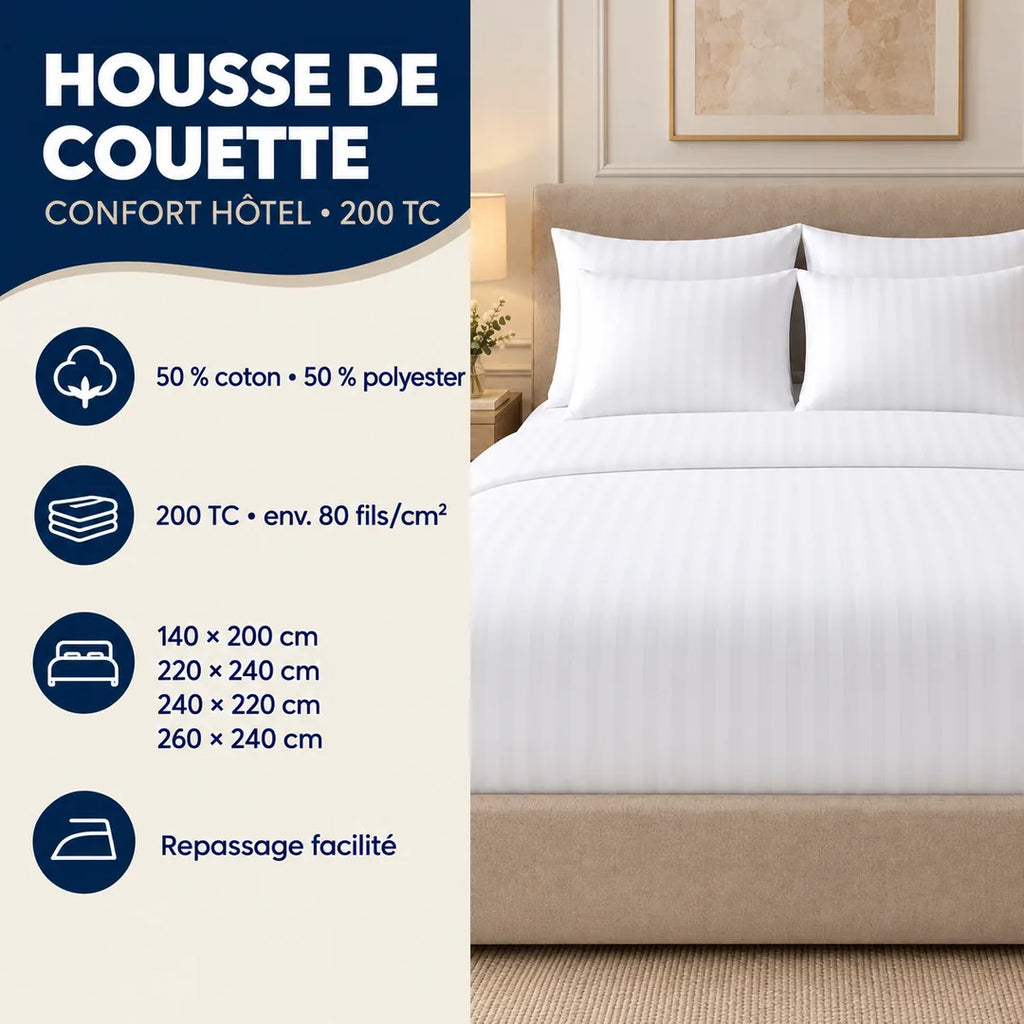 Caractéristiques techniques de Housse de couette Bandes Satinées 200 TC - Gamme Confort Hôtel - Ecolinge
