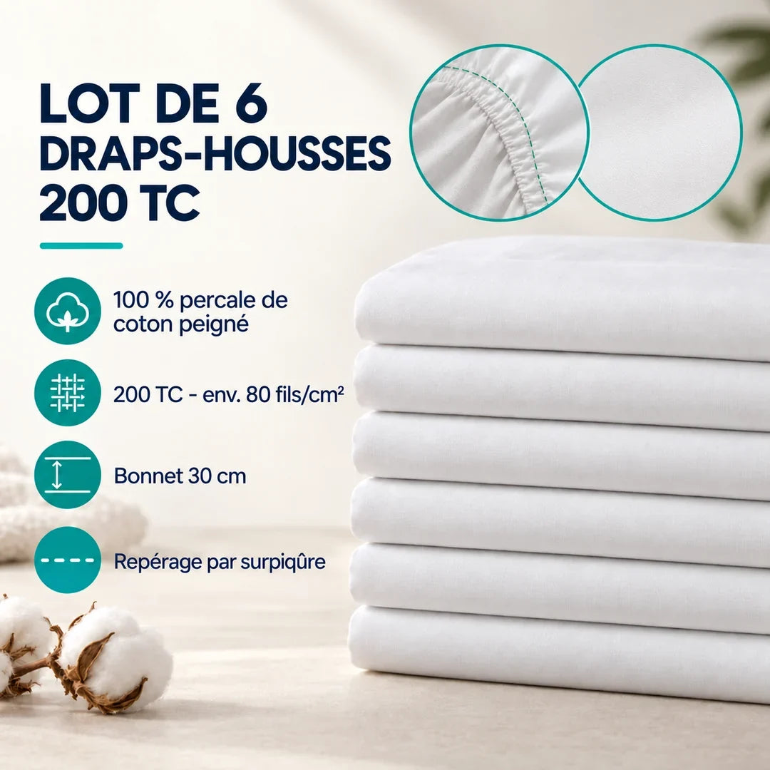 Caractéristiques du lot de 6 draps-housses hôtel 200 TC