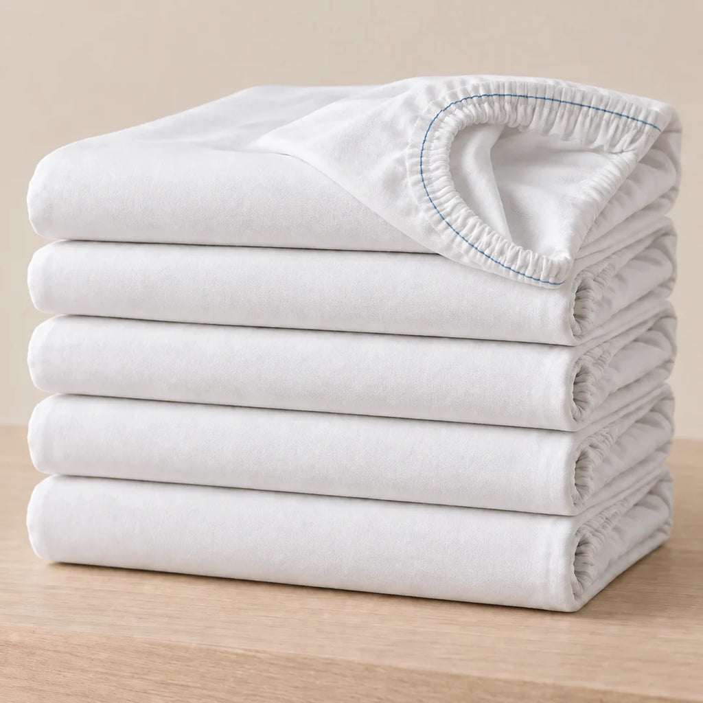 Finition intérieure du lot de draps-housses avec liseré bleu uniquement sur l’élastique