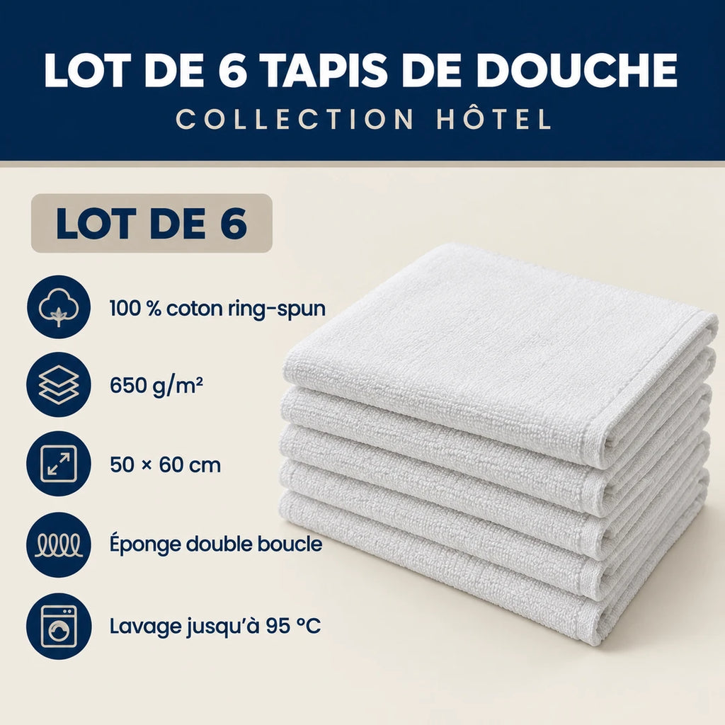 Caractéristiques du lot de 6 tapis de douche Collection Hôtel 650 g/m²