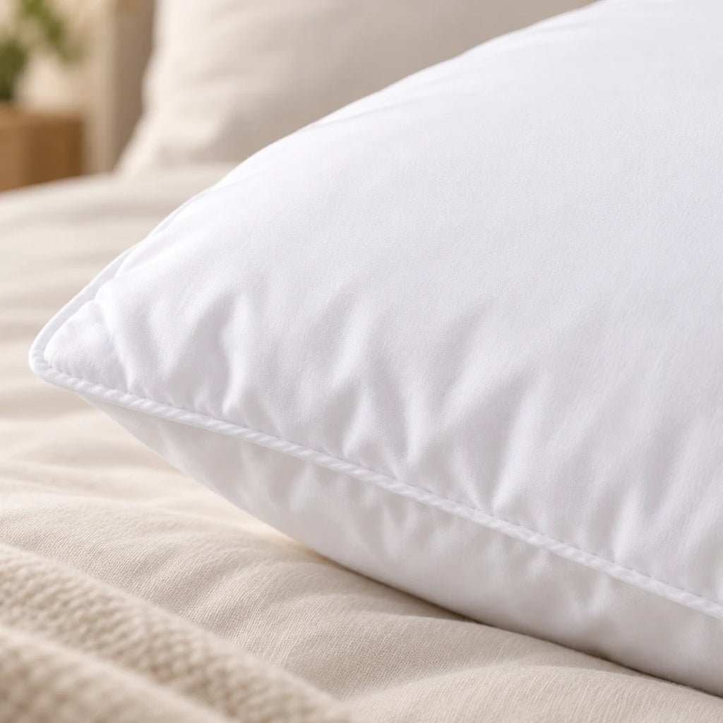 Gros plan sur la microfibre blanche de l’oreiller Gamme Confort