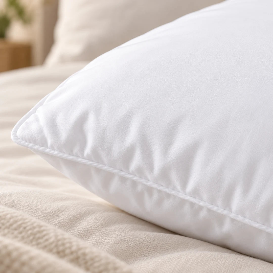 Gros plan sur la microfibre blanche de l’oreiller Gamme Confort