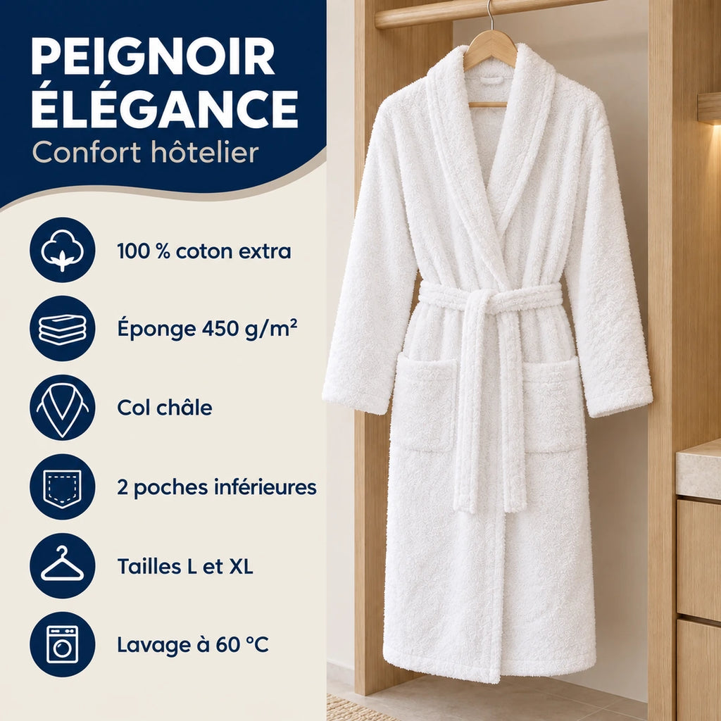 Caractéristiques techniques de Peignoir coton 450 g/m² col châle - Gamme Elegance - Ecolinge
