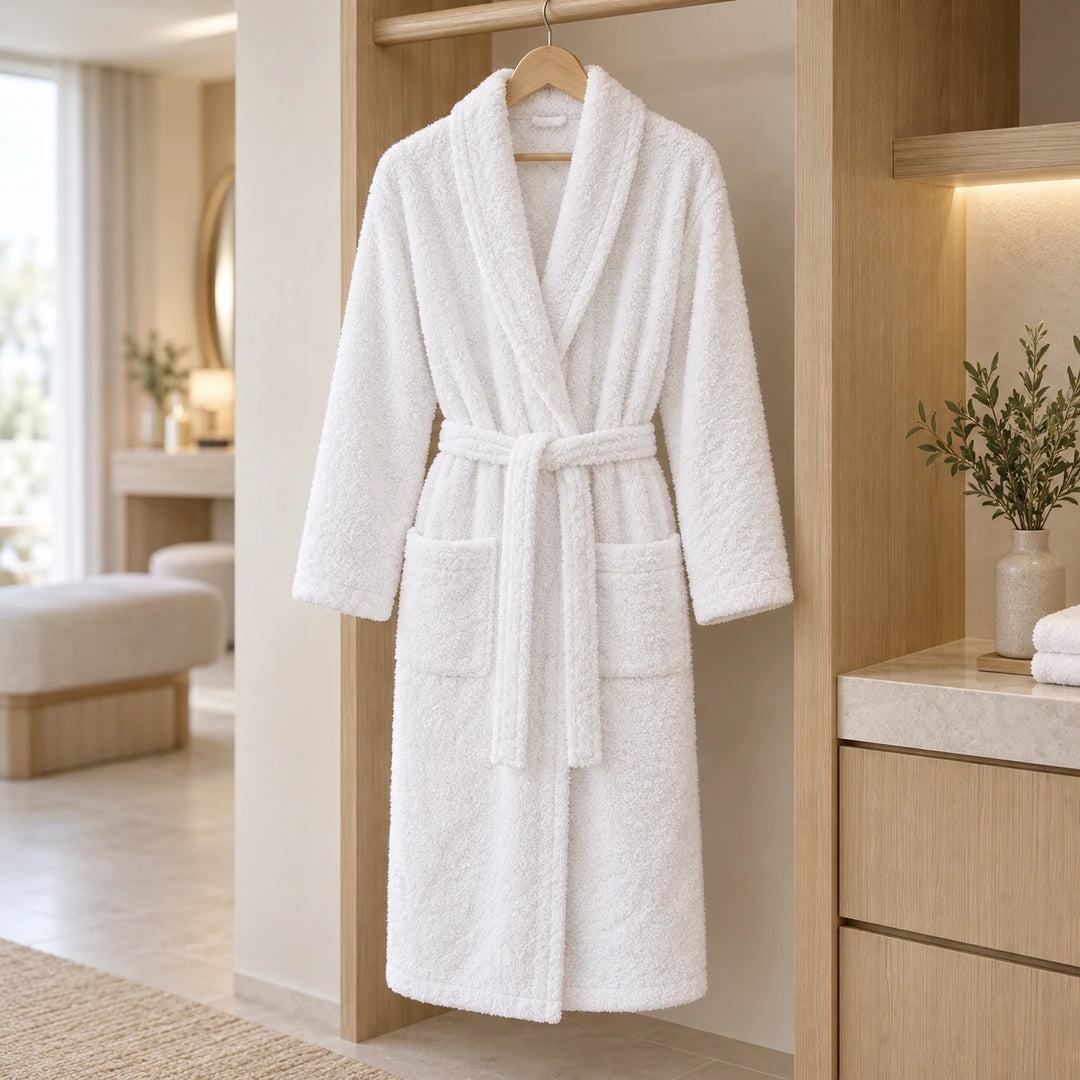 Peignoir en coton blanc, vue entière avec ceinture