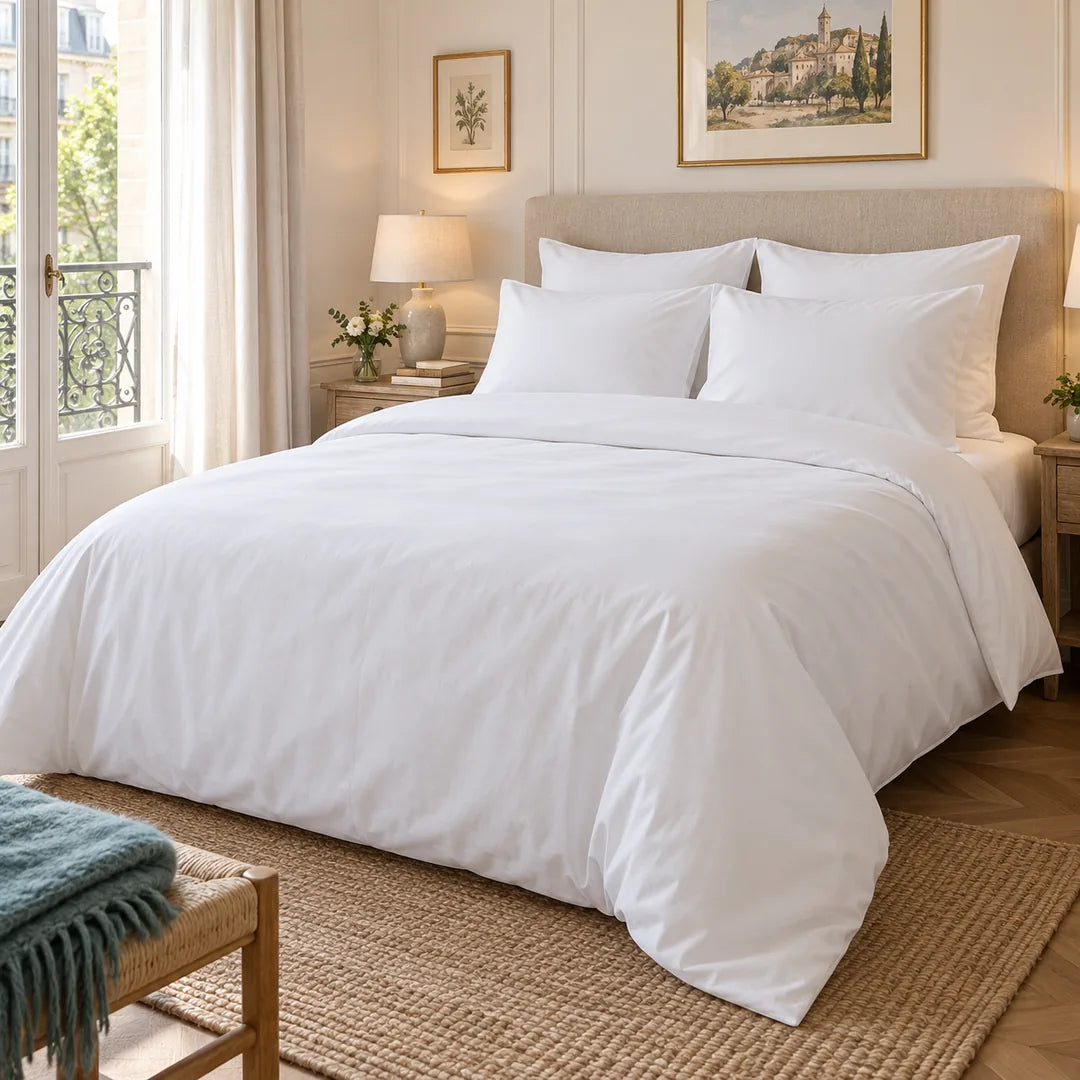 Housse de couette hôtel blanche 180 TC installée sur un lit