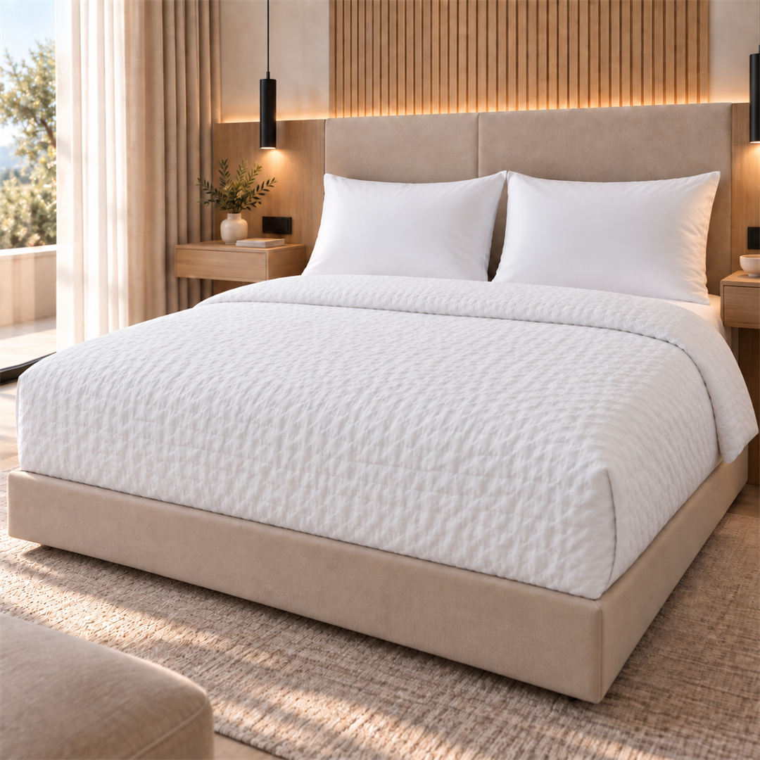 Housse de couette Zen gaufrée sans repassage sur un lit moderne